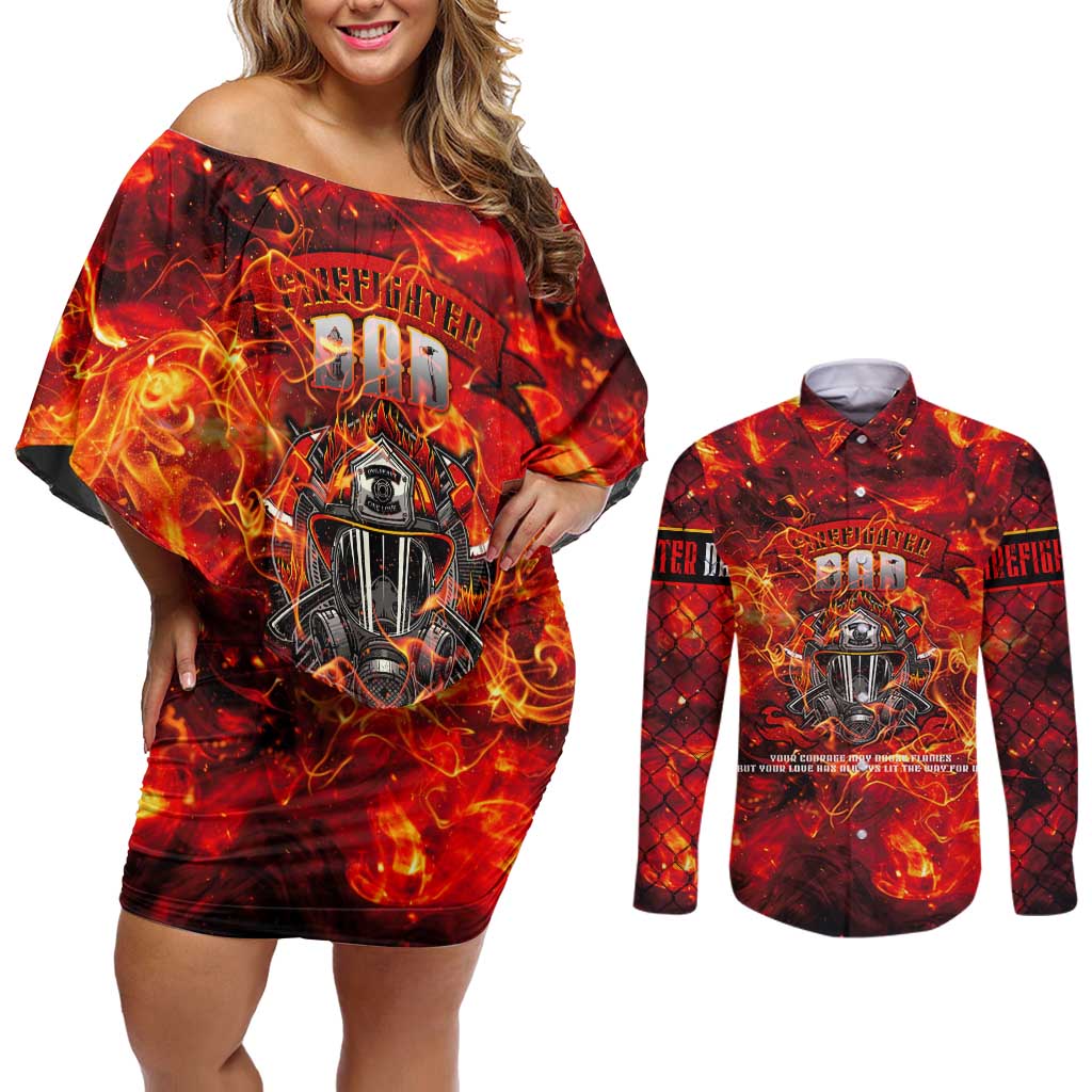 Firefighter Dad Couples Matching Off Shoulder Short Dress and Long Sleeve Button Shirt a Hero in the Flames - a Light in Our Lives