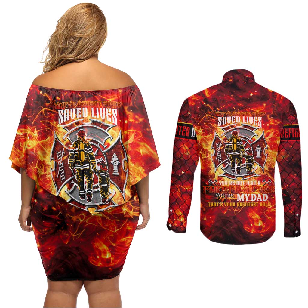 Firefighter Dad Couples Matching Off Shoulder Short Dress and Long Sleeve Button Shirt a Hero in the Flames - a Light in Our Lives