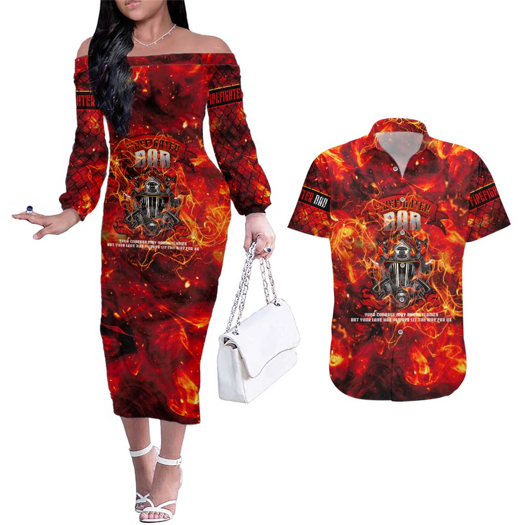 Firefighter Dad Couples Matching Off The Shoulder Long Sleeve Dress and Hawaiian Shirt a Hero in the Flames - a Light in Our Lives