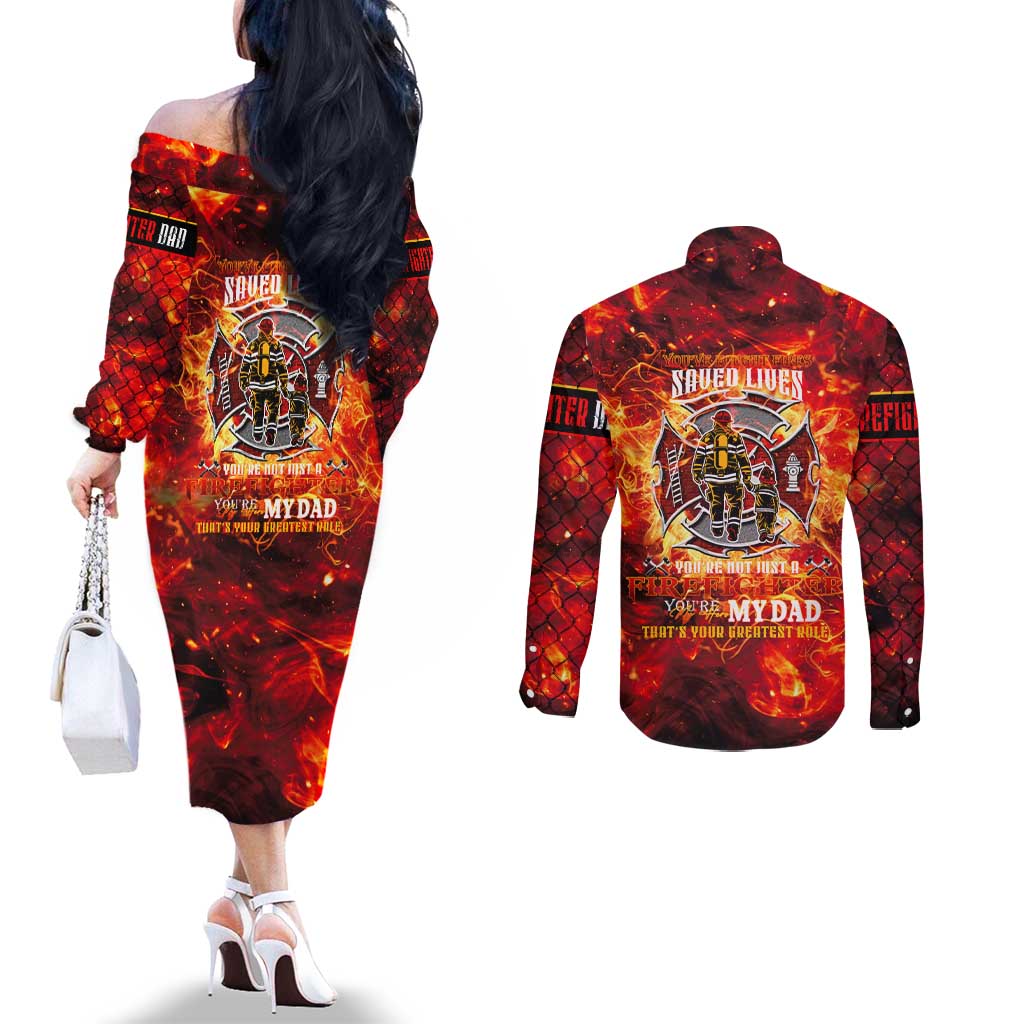 Firefighter Dad Couples Matching Off The Shoulder Long Sleeve Dress and Long Sleeve Button Shirt a Hero in the Flames - a Light in Our Lives