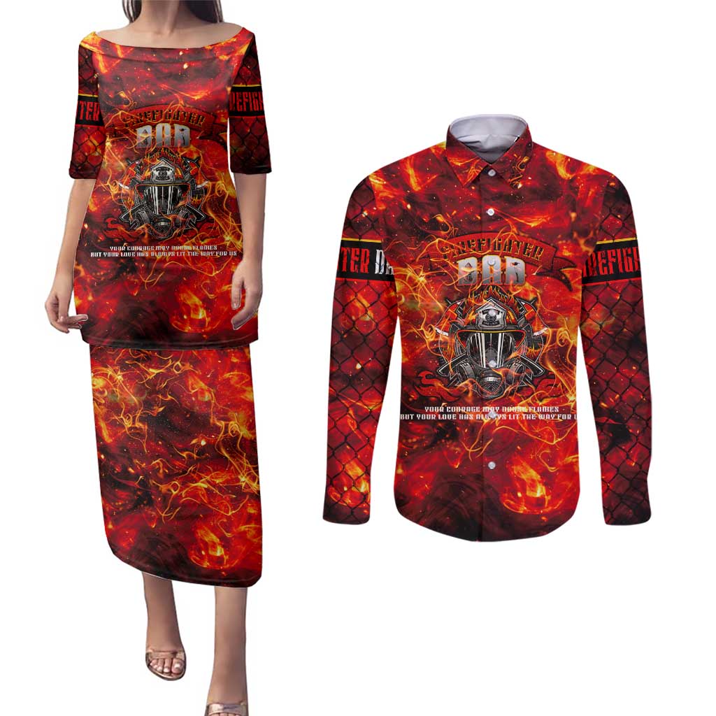 Firefighter Dad Couples Matching Puletasi and Long Sleeve Button Shirt a Hero in the Flames - a Light in Our Lives
