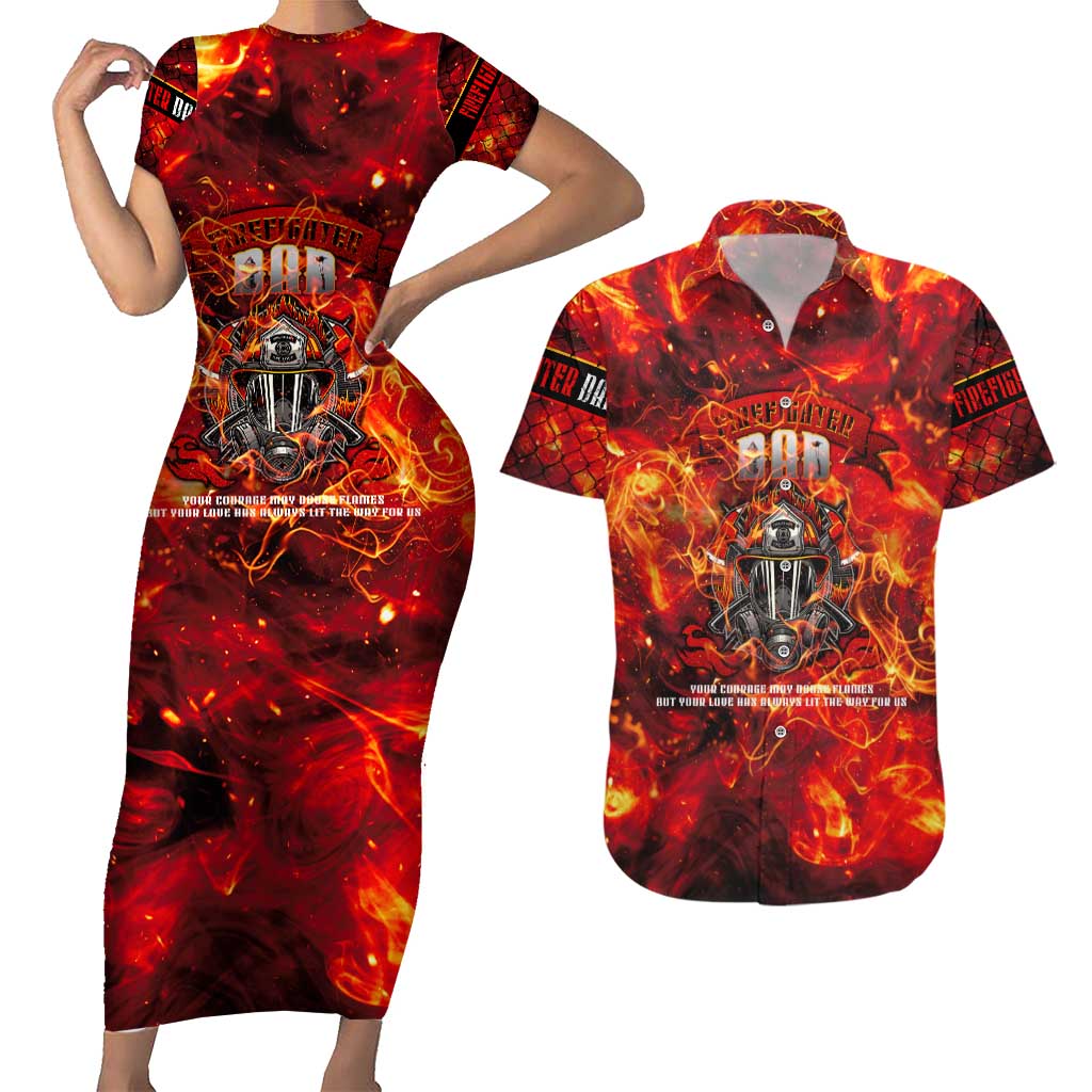 Firefighter Dad Couples Matching Short Sleeve Bodycon Dress and Hawaiian Shirt a Hero in the Flames - a Light in Our Lives