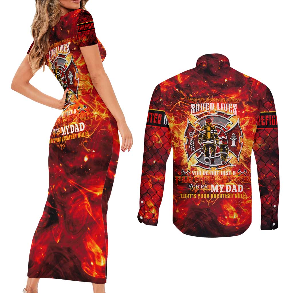 Firefighter Dad Couples Matching Short Sleeve Bodycon Dress and Long Sleeve Button Shirt a Hero in the Flames - a Light in Our Lives