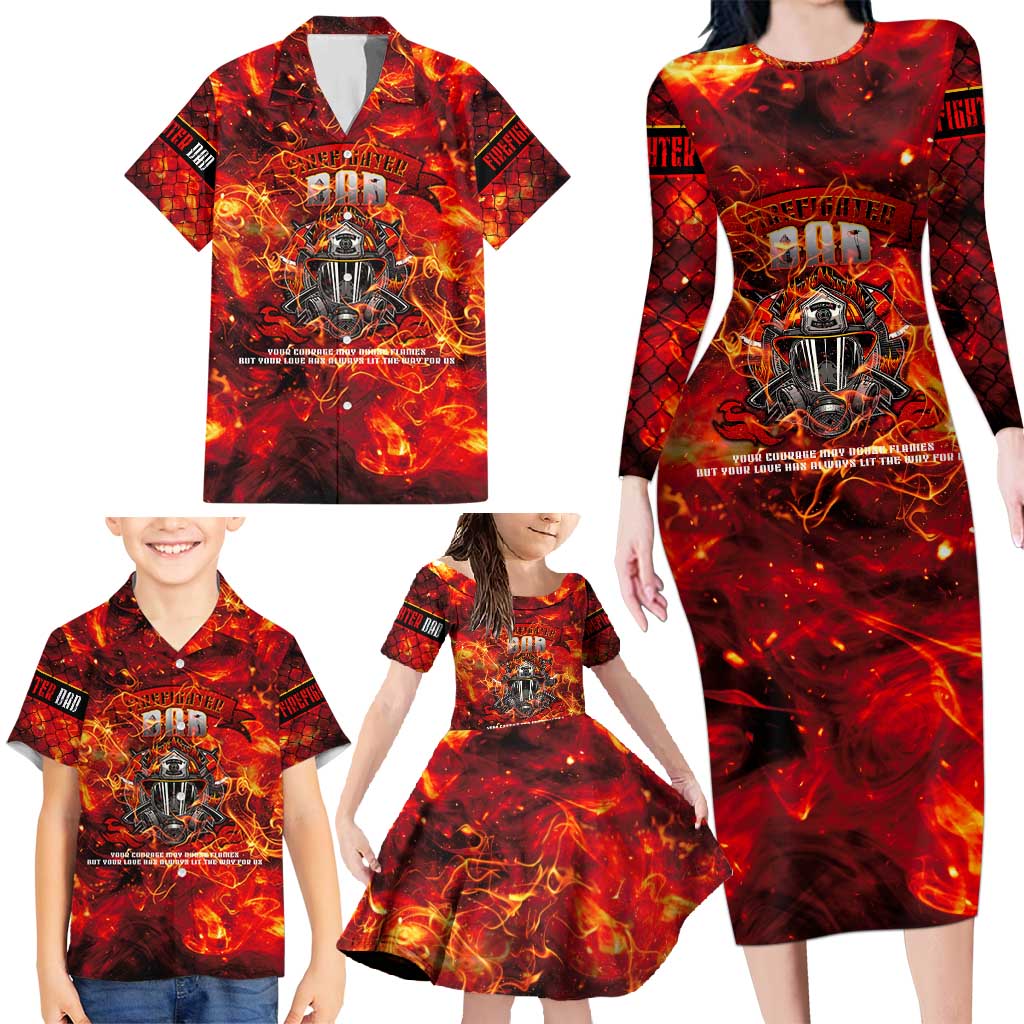 Firefighter Dad Family Matching Long Sleeve Bodycon Dress and Hawaiian Shirt a Hero in the Flames - a Light in Our Lives