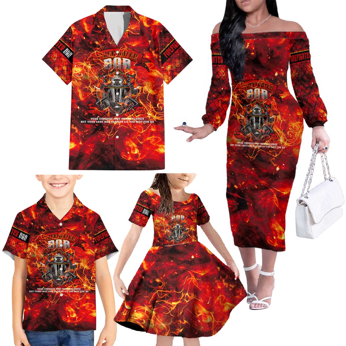 Firefighter Dad Family Matching Off The Shoulder Long Sleeve Dress and Hawaiian Shirt a Hero in the Flames - a Light in Our Lives