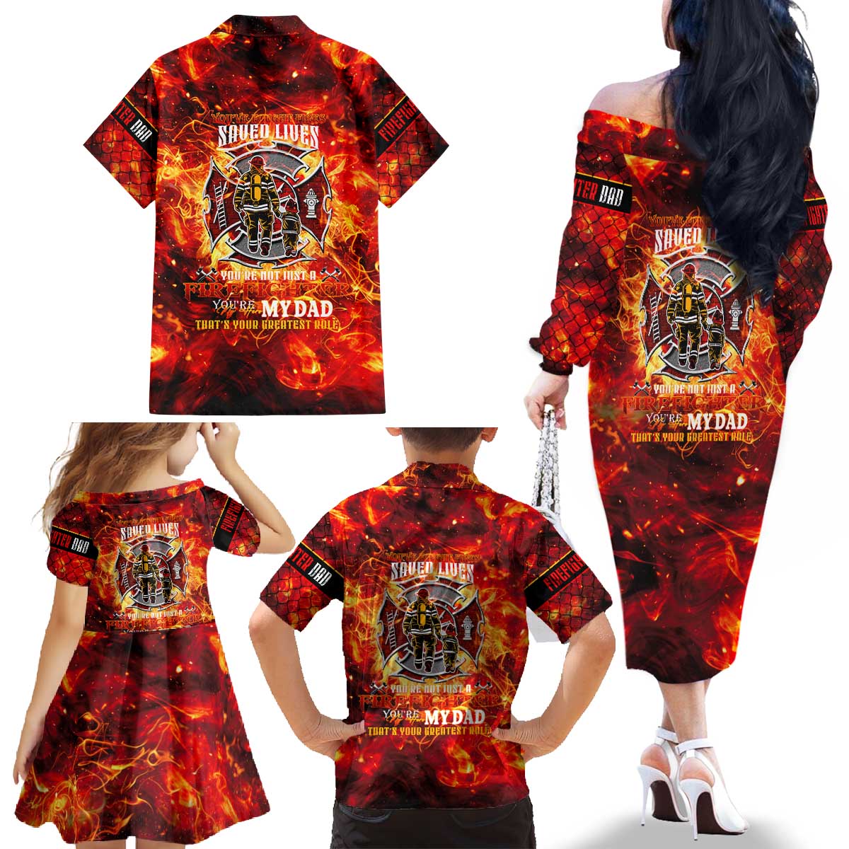 Firefighter Dad Family Matching Off The Shoulder Long Sleeve Dress and Hawaiian Shirt a Hero in the Flames - a Light in Our Lives