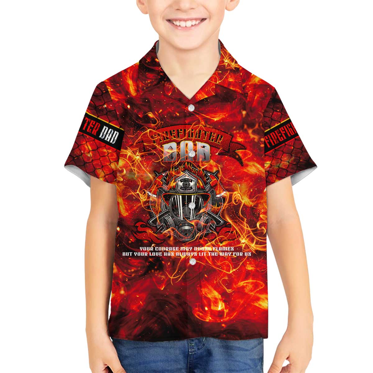 Firefighter Dad Family Matching Off The Shoulder Long Sleeve Dress and Hawaiian Shirt a Hero in the Flames - a Light in Our Lives