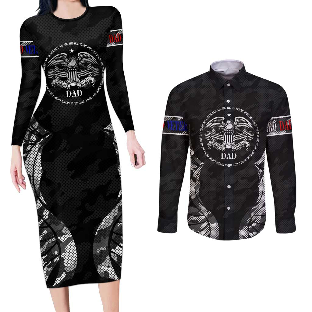 Veteran Fathers Day Couples Matching Long Sleeve Bodycon Dress and Long Sleeve Button Shirt My Dad is Not Just a Veteran, He's My Hero - Wonder Print Shop