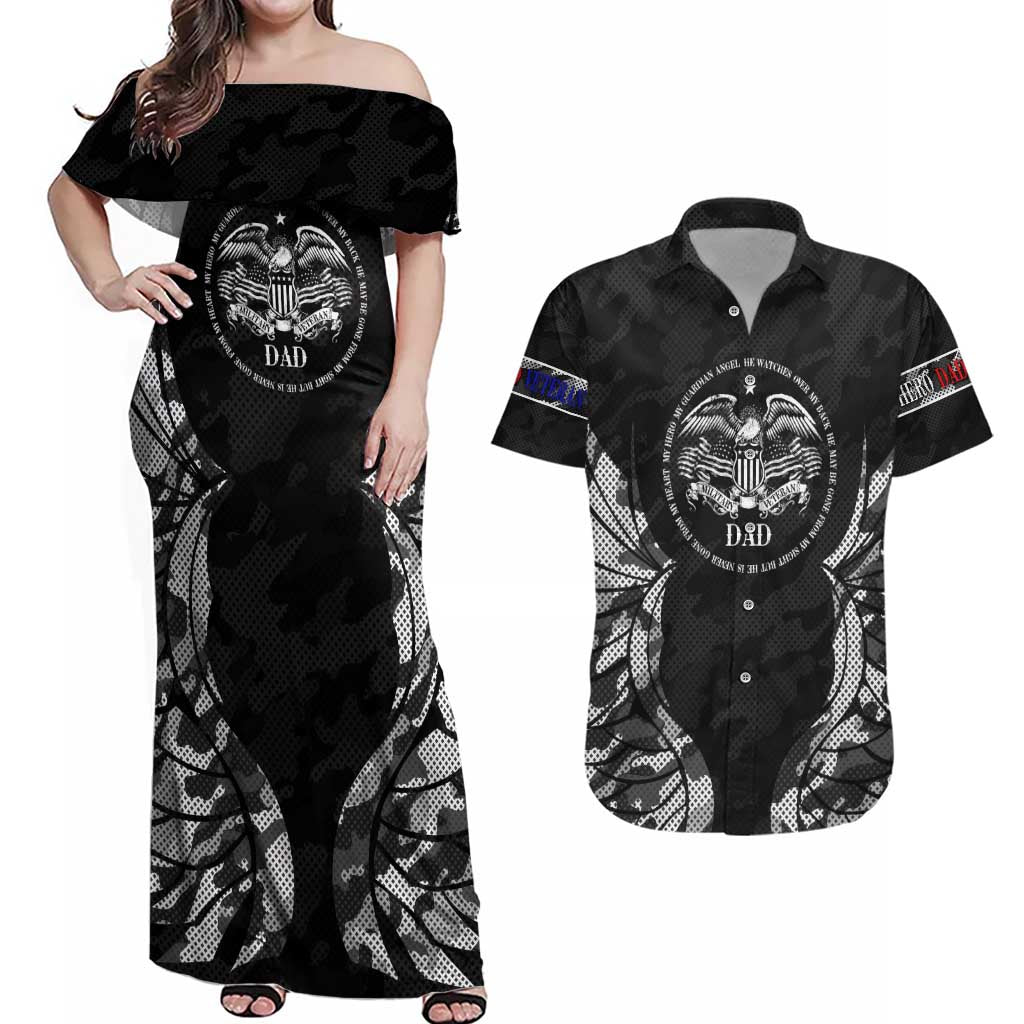 Veteran Fathers Day Couples Matching Off Shoulder Maxi Dress and Hawaiian Shirt My Dad is Not Just a Veteran, He's My Hero - Wonder Print Shop
