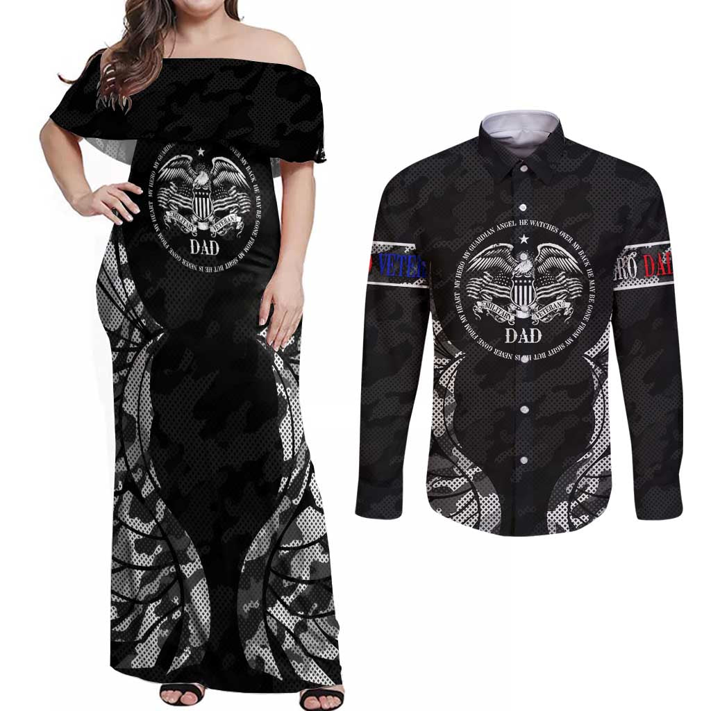 Veteran Fathers Day Couples Matching Off Shoulder Maxi Dress and Long Sleeve Button Shirt My Dad is Not Just a Veteran, He's My Hero - Wonder Print Shop