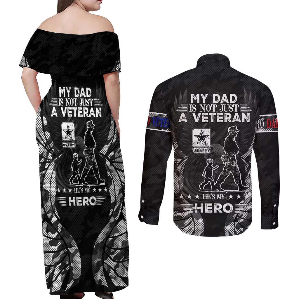 Veteran Fathers Day Couples Matching Off Shoulder Maxi Dress and Long Sleeve Button Shirt My Dad is Not Just a Veteran, He's My Hero - Wonder Print Shop