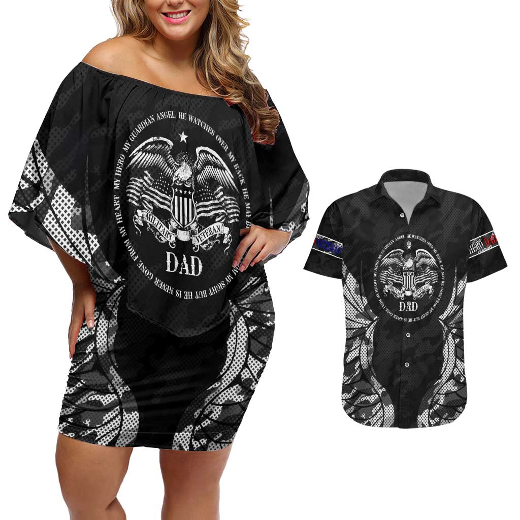 Veteran Fathers Day Couples Matching Off Shoulder Short Dress and Hawaiian Shirt My Dad is Not Just a Veteran, He's My Hero - Wonder Print Shop