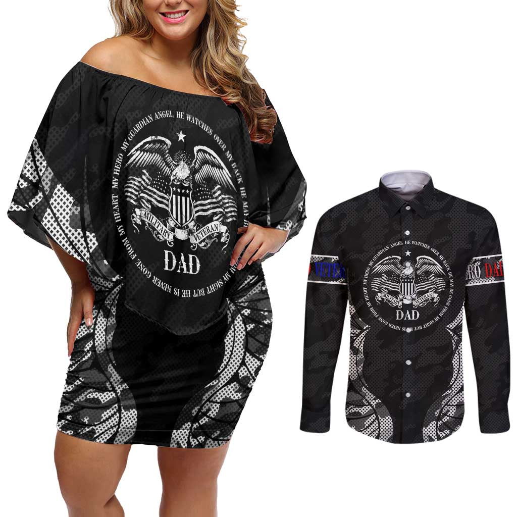 Veteran Fathers Day Couples Matching Off Shoulder Short Dress and Long Sleeve Button Shirt My Dad is Not Just a Veteran, He's My Hero - Wonder Print Shop