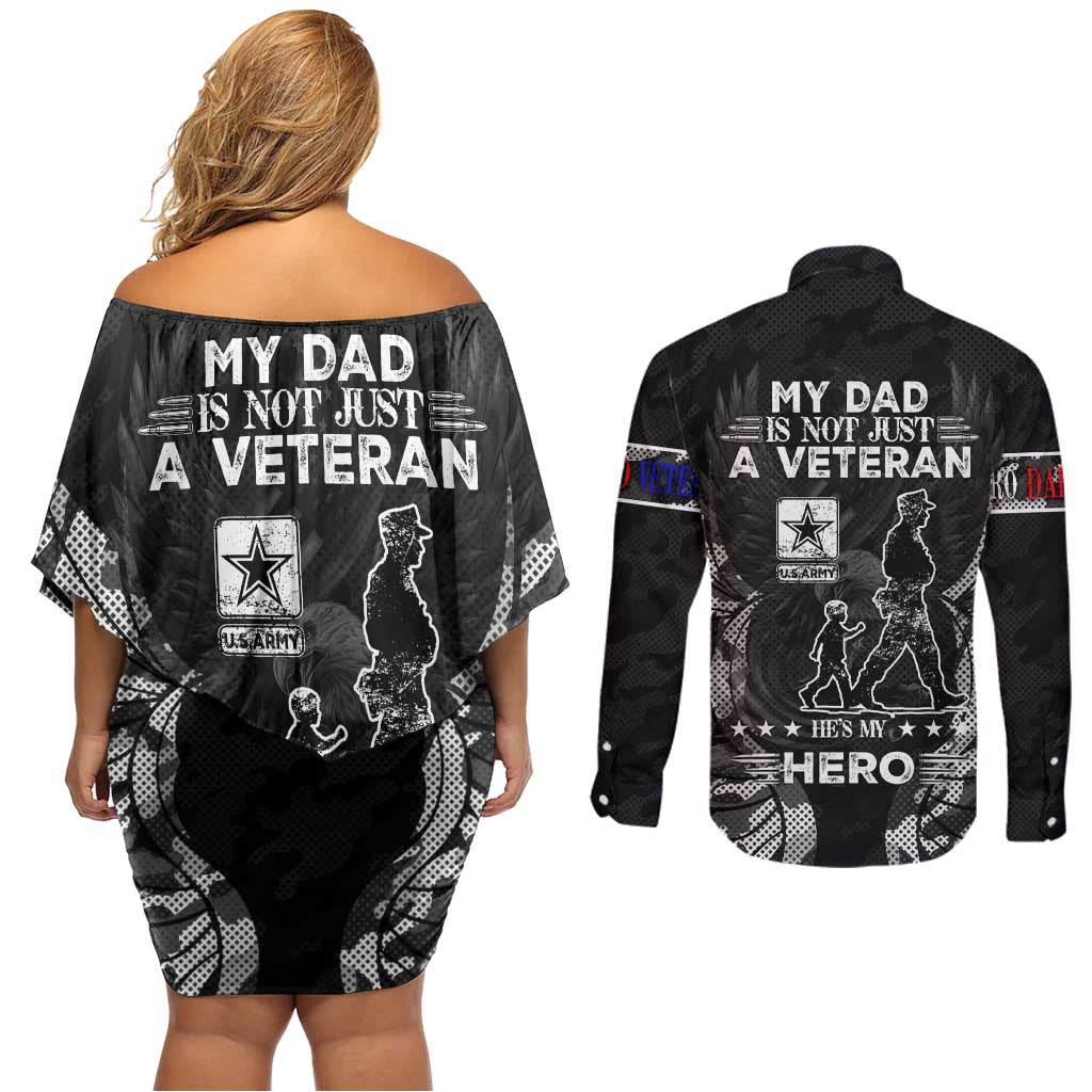Veteran Fathers Day Couples Matching Off Shoulder Short Dress and Long Sleeve Button Shirt My Dad is Not Just a Veteran, He's My Hero - Wonder Print Shop