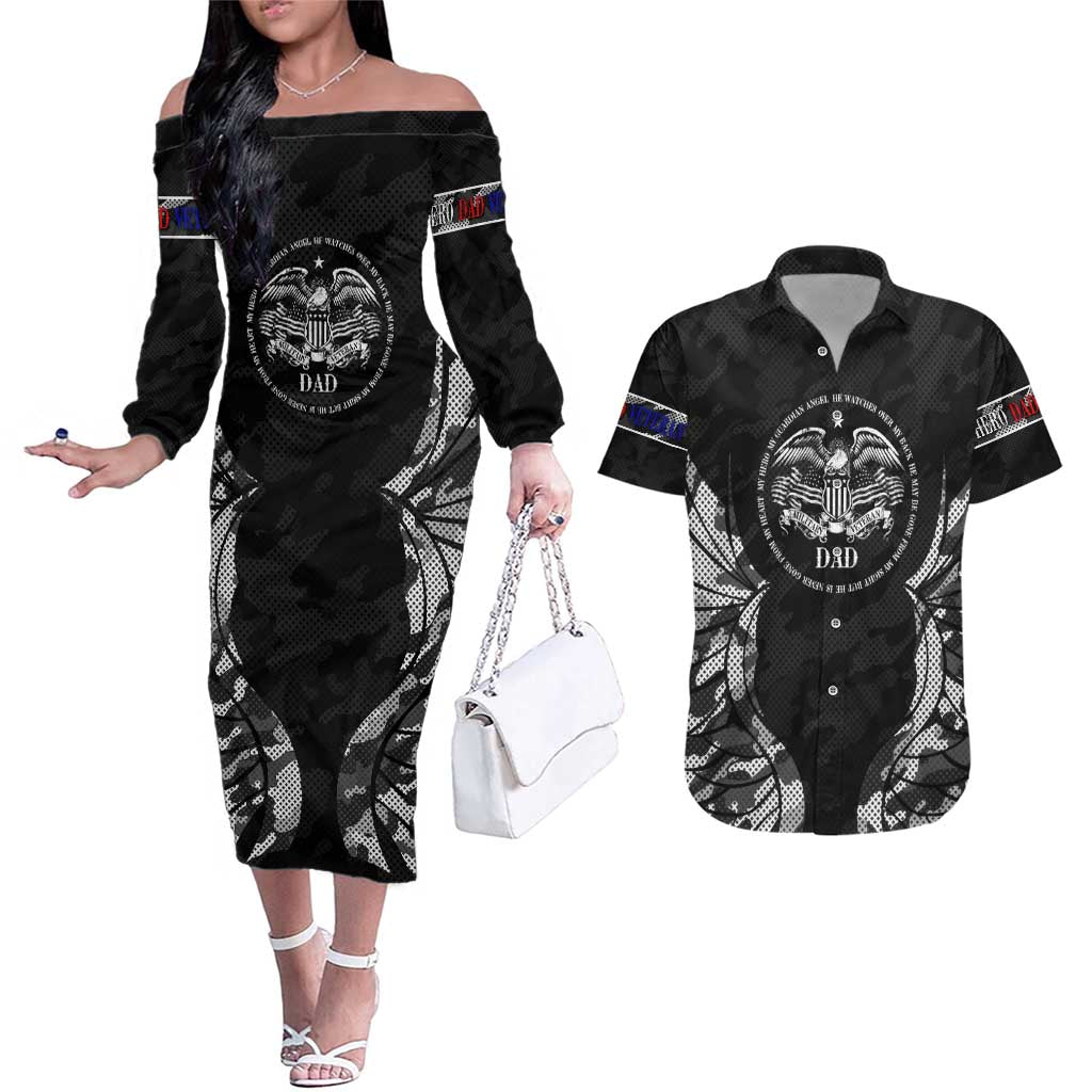 Veteran Fathers Day Couples Matching Off The Shoulder Long Sleeve Dress and Hawaiian Shirt My Dad is Not Just a Veteran, He's My Hero - Wonder Print Shop