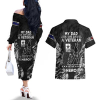 Veteran Fathers Day Couples Matching Off The Shoulder Long Sleeve Dress and Hawaiian Shirt My Dad is Not Just a Veteran, He's My Hero - Wonder Print Shop