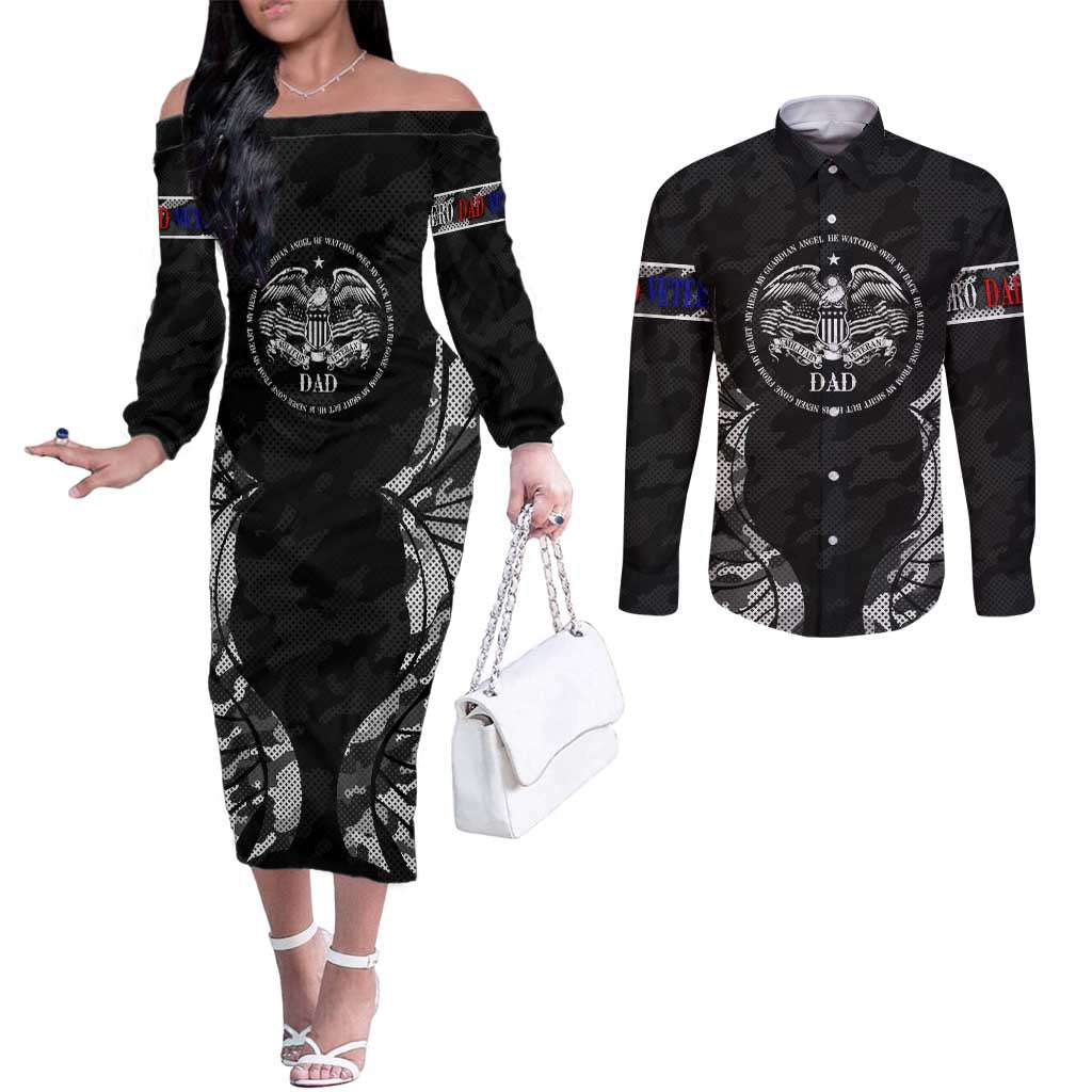 Veteran Fathers Day Couples Matching Off The Shoulder Long Sleeve Dress and Long Sleeve Button Shirt My Dad is Not Just a Veteran, He's My Hero - Wonder Print Shop