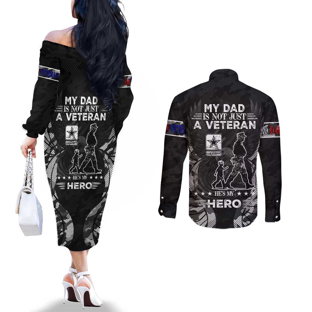Veteran Fathers Day Couples Matching Off The Shoulder Long Sleeve Dress and Long Sleeve Button Shirt My Dad is Not Just a Veteran, He's My Hero - Wonder Print Shop