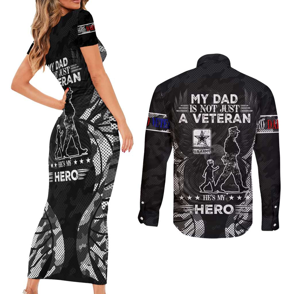 Veteran Fathers Day Couples Matching Short Sleeve Bodycon Dress and Long Sleeve Button Shirt My Dad is Not Just a Veteran, He's My Hero - Wonder Print Shop