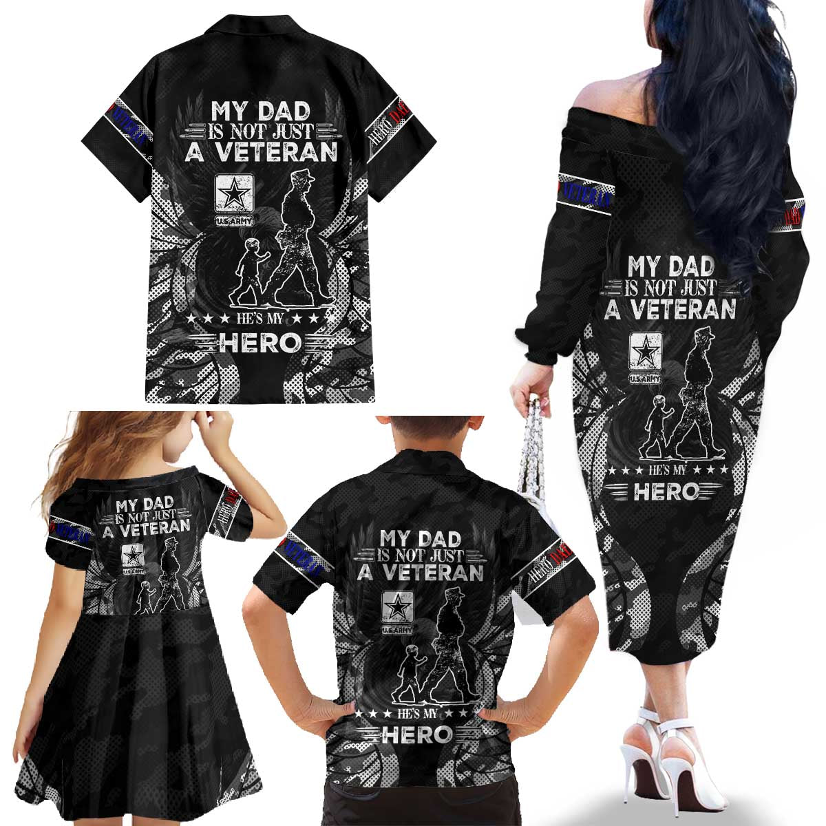 Veteran Fathers Day Family Matching Off The Shoulder Long Sleeve Dress and Hawaiian Shirt My Dad is Not Just a Veteran, He's My Hero - Wonder Print Shop