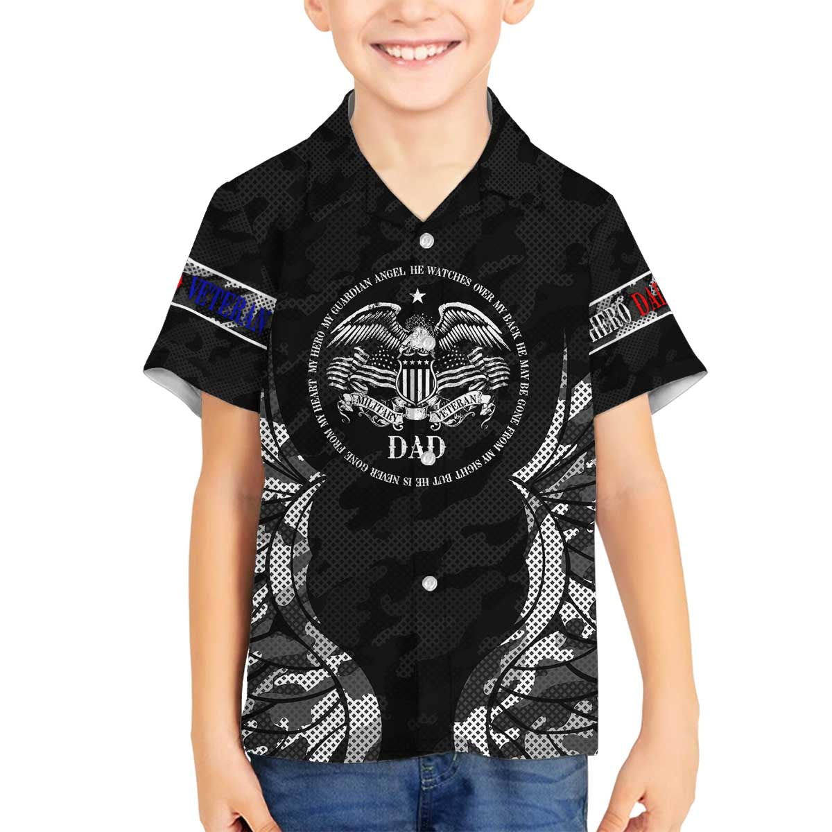 Veteran Fathers Day Family Matching Off The Shoulder Long Sleeve Dress and Hawaiian Shirt My Dad is Not Just a Veteran, He's My Hero - Wonder Print Shop