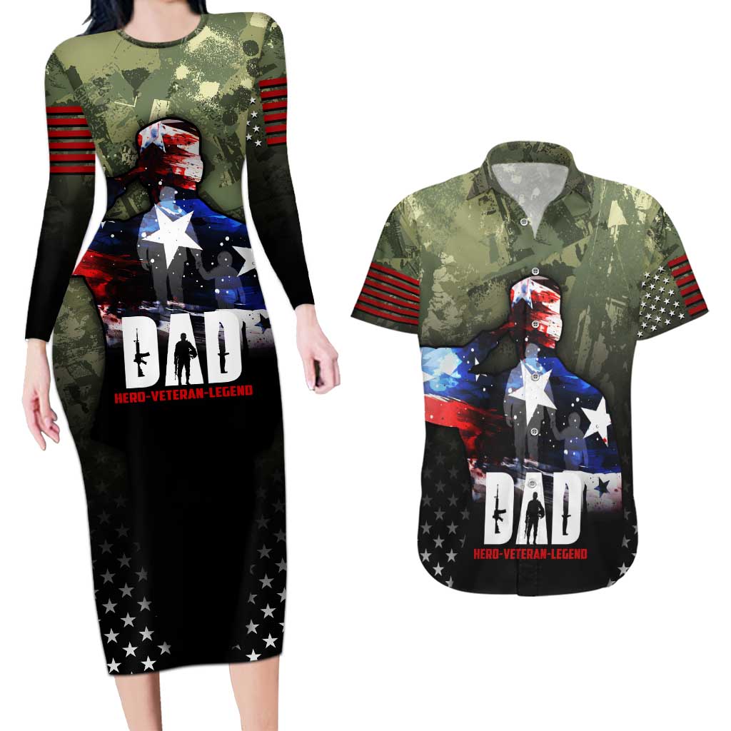 Veteran Dad Couples Matching Long Sleeve Bodycon Dress and Hawaiian Shirt I Am a Veteran Like My Father Before Me