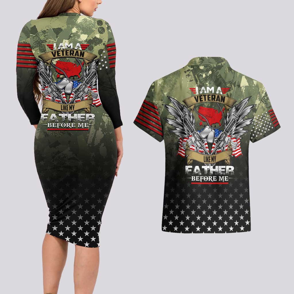 Veteran Dad Couples Matching Long Sleeve Bodycon Dress and Hawaiian Shirt I Am a Veteran Like My Father Before Me