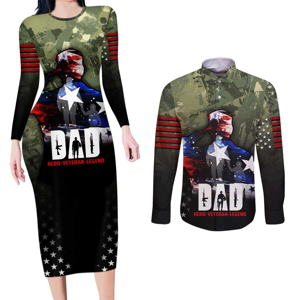 Veteran Dad Couples Matching Long Sleeve Bodycon Dress and Long Sleeve Button Shirt I Am a Veteran Like My Father Before Me