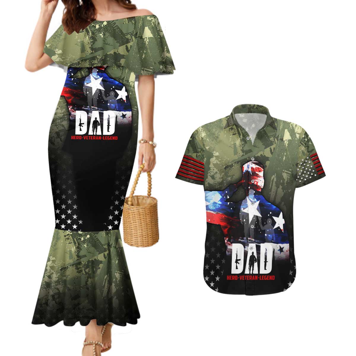 Veteran Dad Couples Matching Mermaid Dress and Hawaiian Shirt I Am a Veteran Like My Father Before Me