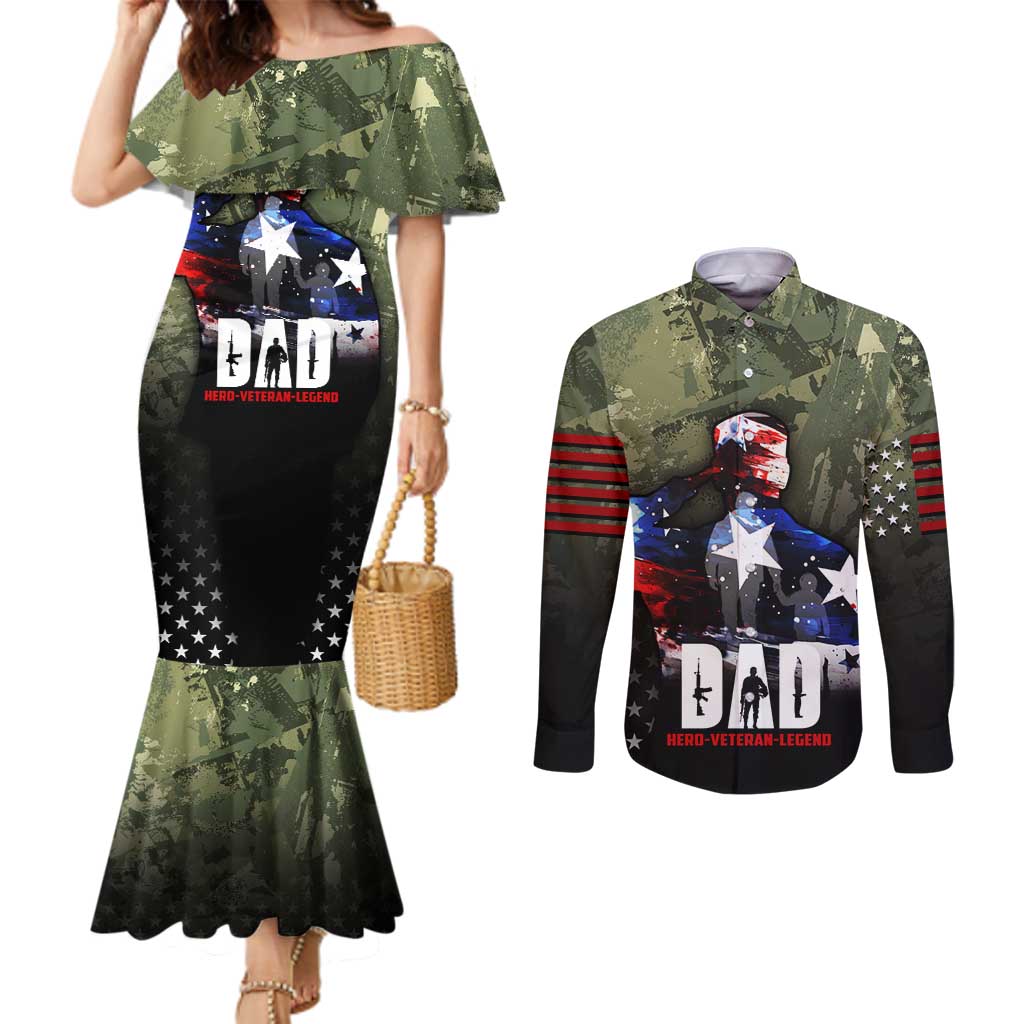 Veteran Dad Couples Matching Mermaid Dress and Long Sleeve Button Shirt I Am a Veteran Like My Father Before Me