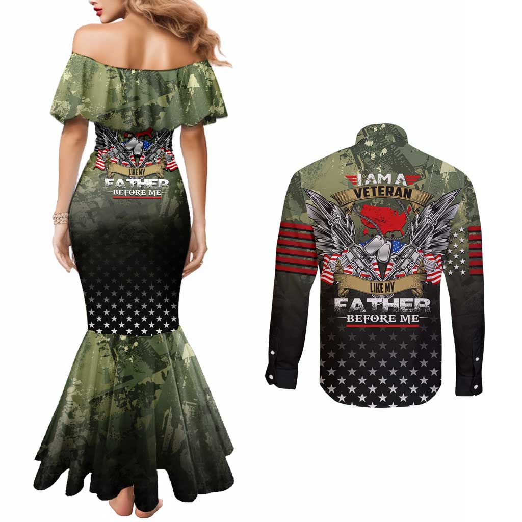 Veteran Dad Couples Matching Mermaid Dress and Long Sleeve Button Shirt I Am a Veteran Like My Father Before Me