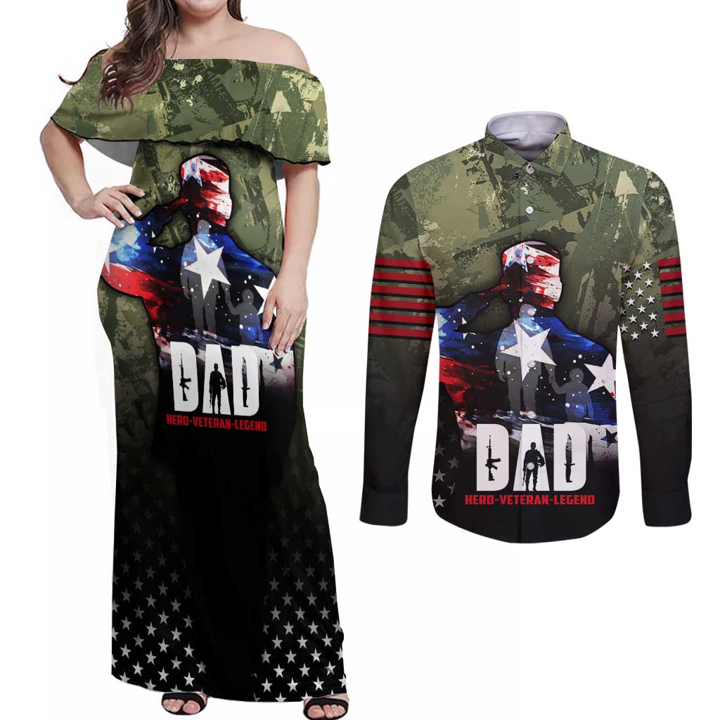 Veteran Dad Couples Matching Off Shoulder Maxi Dress and Long Sleeve Button Shirt I Am a Veteran Like My Father Before Me