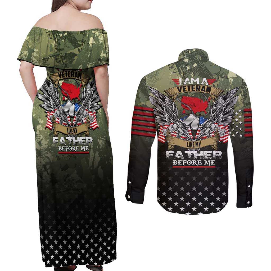 Veteran Dad Couples Matching Off Shoulder Maxi Dress and Long Sleeve Button Shirt I Am a Veteran Like My Father Before Me