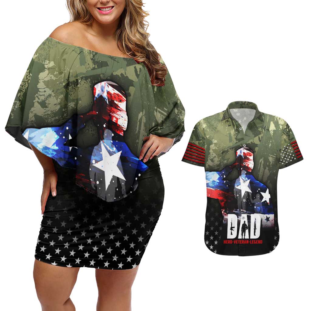 Veteran Dad Couples Matching Off Shoulder Short Dress and Hawaiian Shirt I Am a Veteran Like My Father Before Me