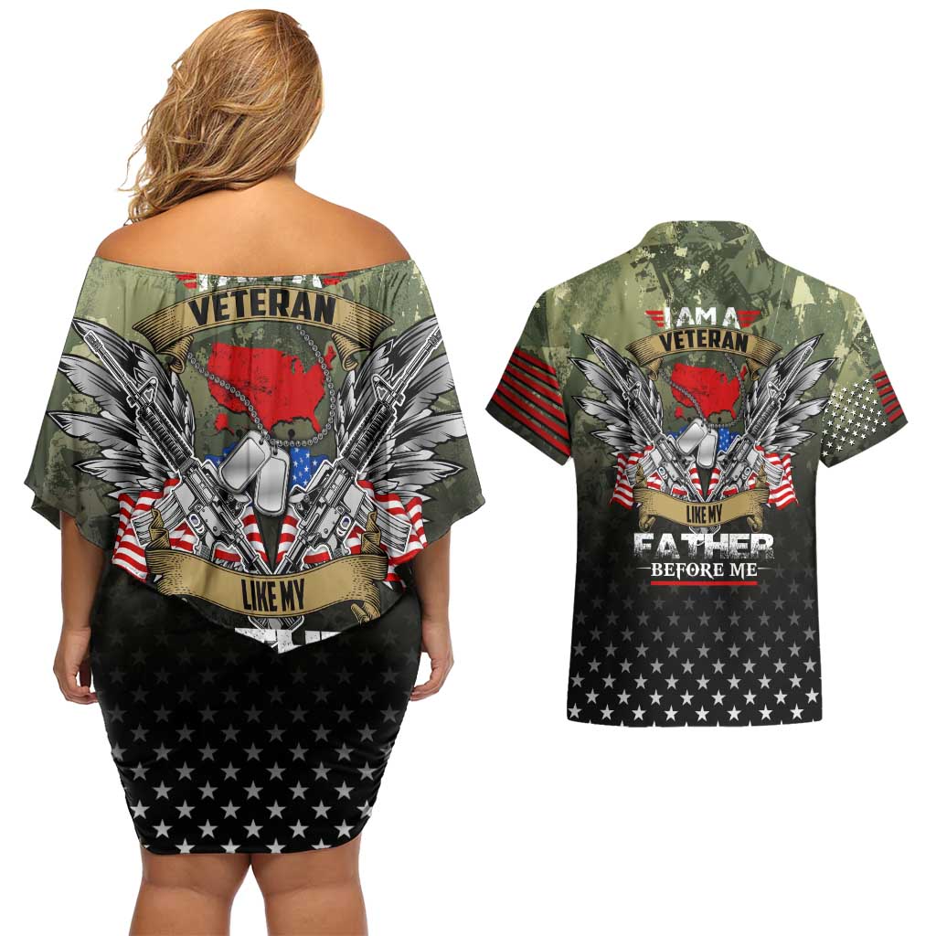 Veteran Dad Couples Matching Off Shoulder Short Dress and Hawaiian Shirt I Am a Veteran Like My Father Before Me