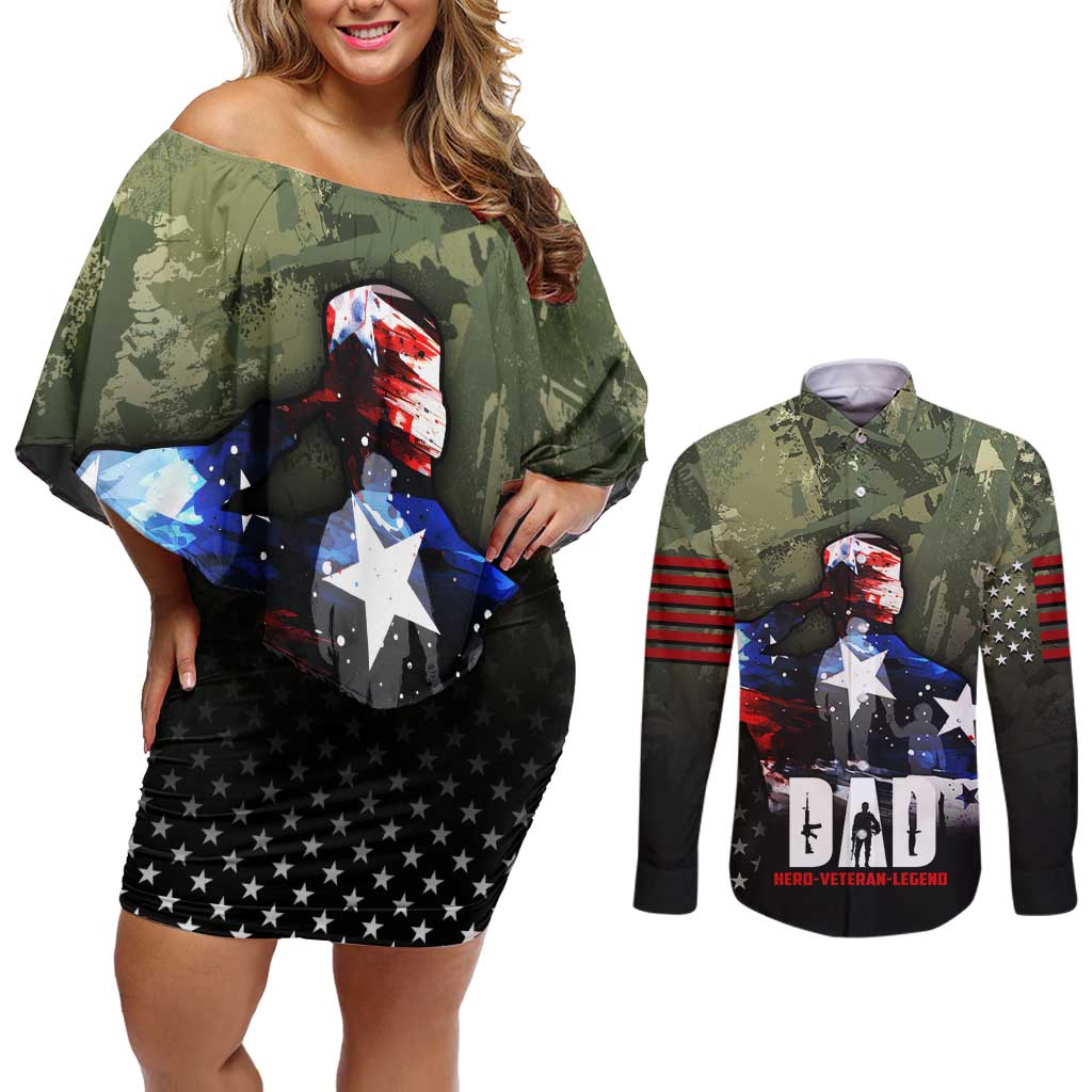 Veteran Dad Couples Matching Off Shoulder Short Dress and Long Sleeve Button Shirt I Am a Veteran Like My Father Before Me
