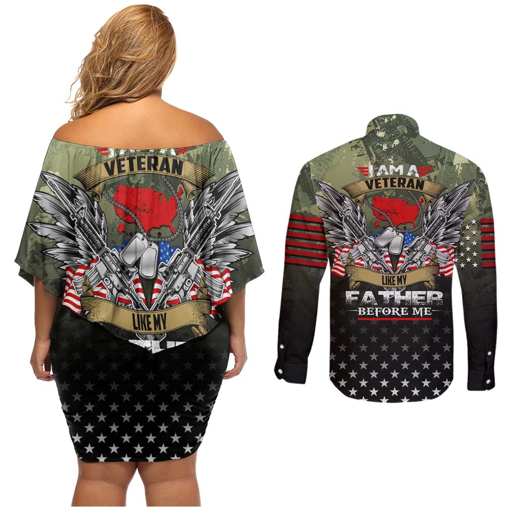 Veteran Dad Couples Matching Off Shoulder Short Dress and Long Sleeve Button Shirt I Am a Veteran Like My Father Before Me