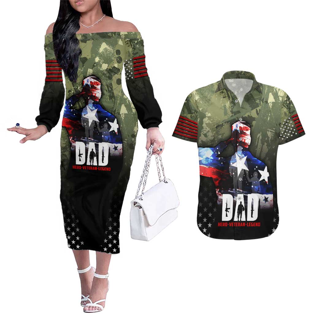 Veteran Dad Couples Matching Off The Shoulder Long Sleeve Dress and Hawaiian Shirt I Am a Veteran Like My Father Before Me