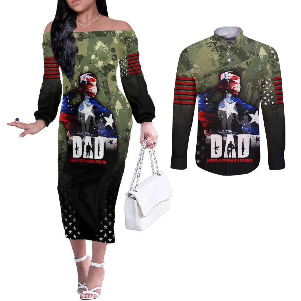 Veteran Dad Couples Matching Off The Shoulder Long Sleeve Dress and Long Sleeve Button Shirt I Am a Veteran Like My Father Before Me