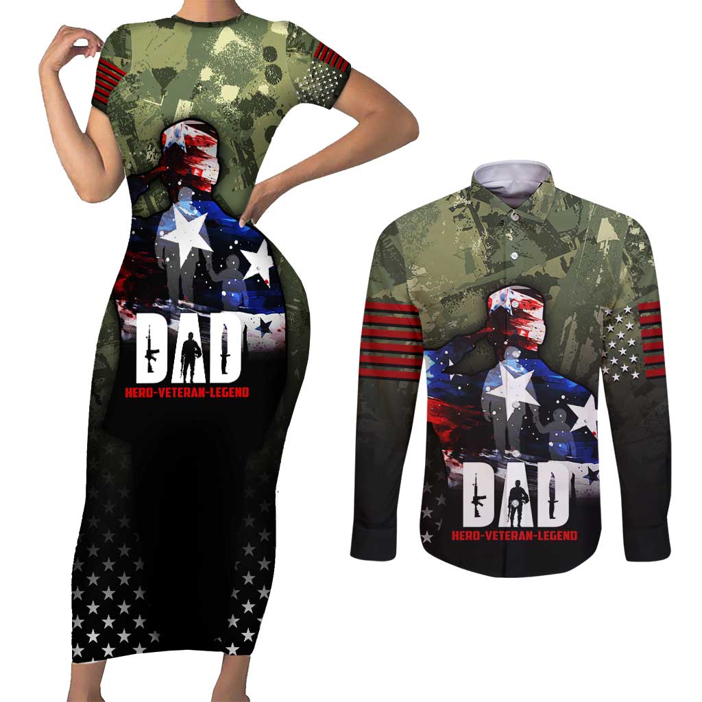 Veteran Dad Couples Matching Short Sleeve Bodycon Dress and Long Sleeve Button Shirt I Am a Veteran Like My Father Before Me