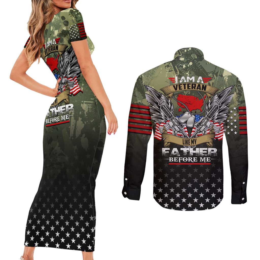 Veteran Dad Couples Matching Short Sleeve Bodycon Dress and Long Sleeve Button Shirt I Am a Veteran Like My Father Before Me