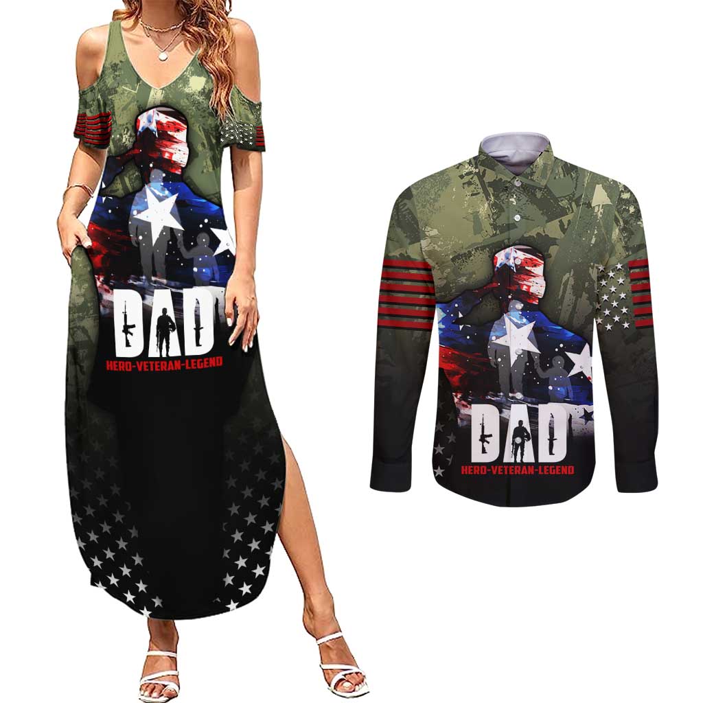 Veteran Dad Couples Matching Summer Maxi Dress and Long Sleeve Button Shirt I Am a Veteran Like My Father Before Me