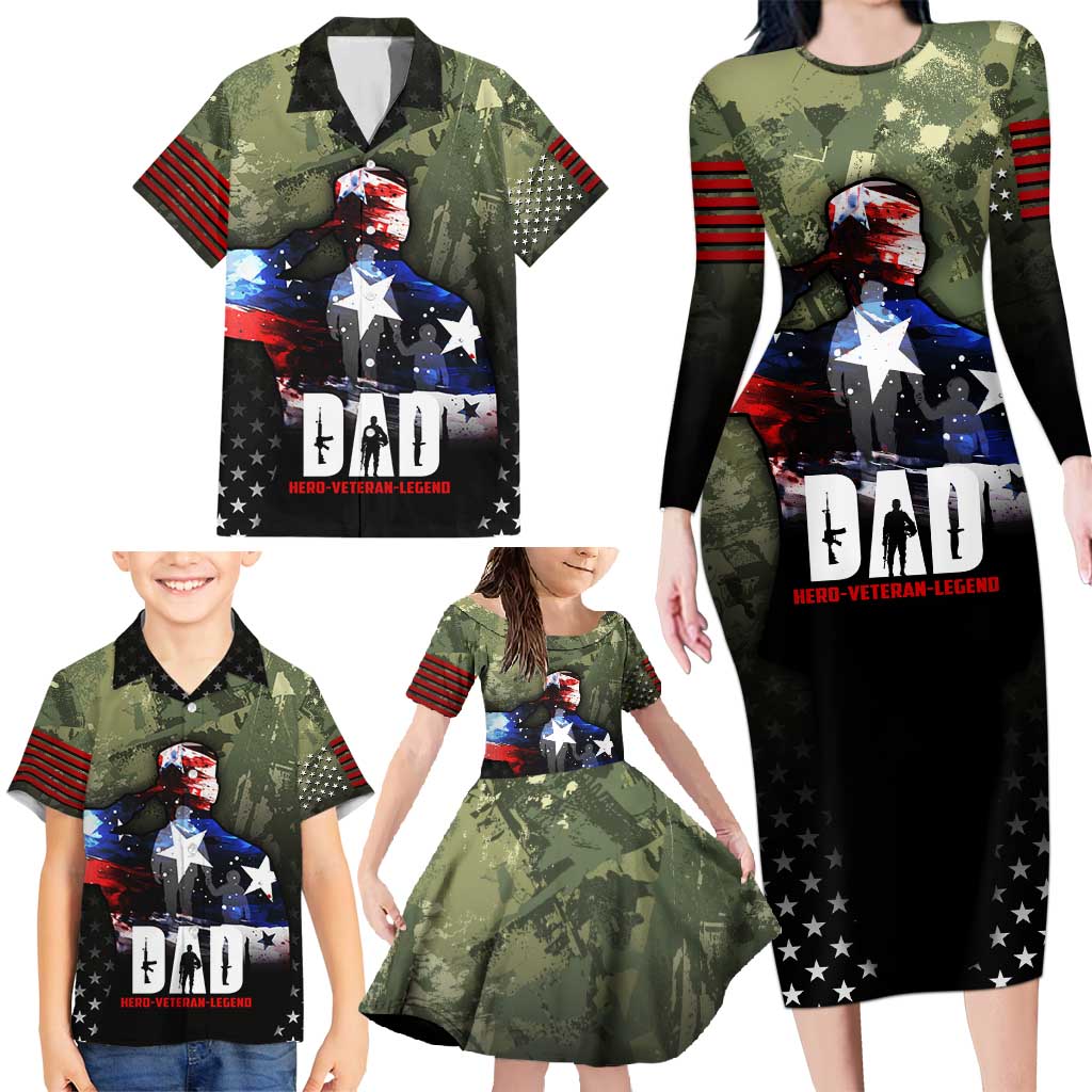 Veteran Dad Family Matching Long Sleeve Bodycon Dress and Hawaiian Shirt I Am a Veteran Like My Father Before Me