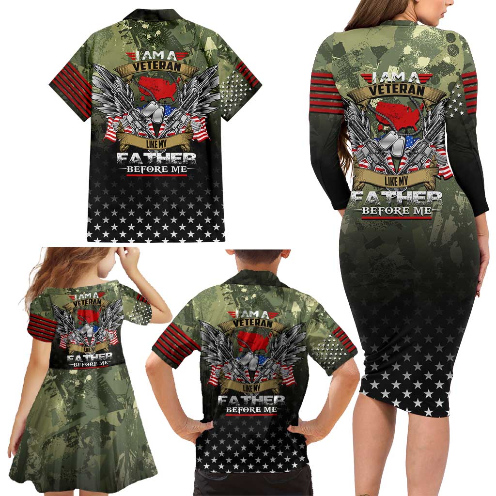 Veteran Dad Family Matching Long Sleeve Bodycon Dress and Hawaiian Shirt I Am a Veteran Like My Father Before Me