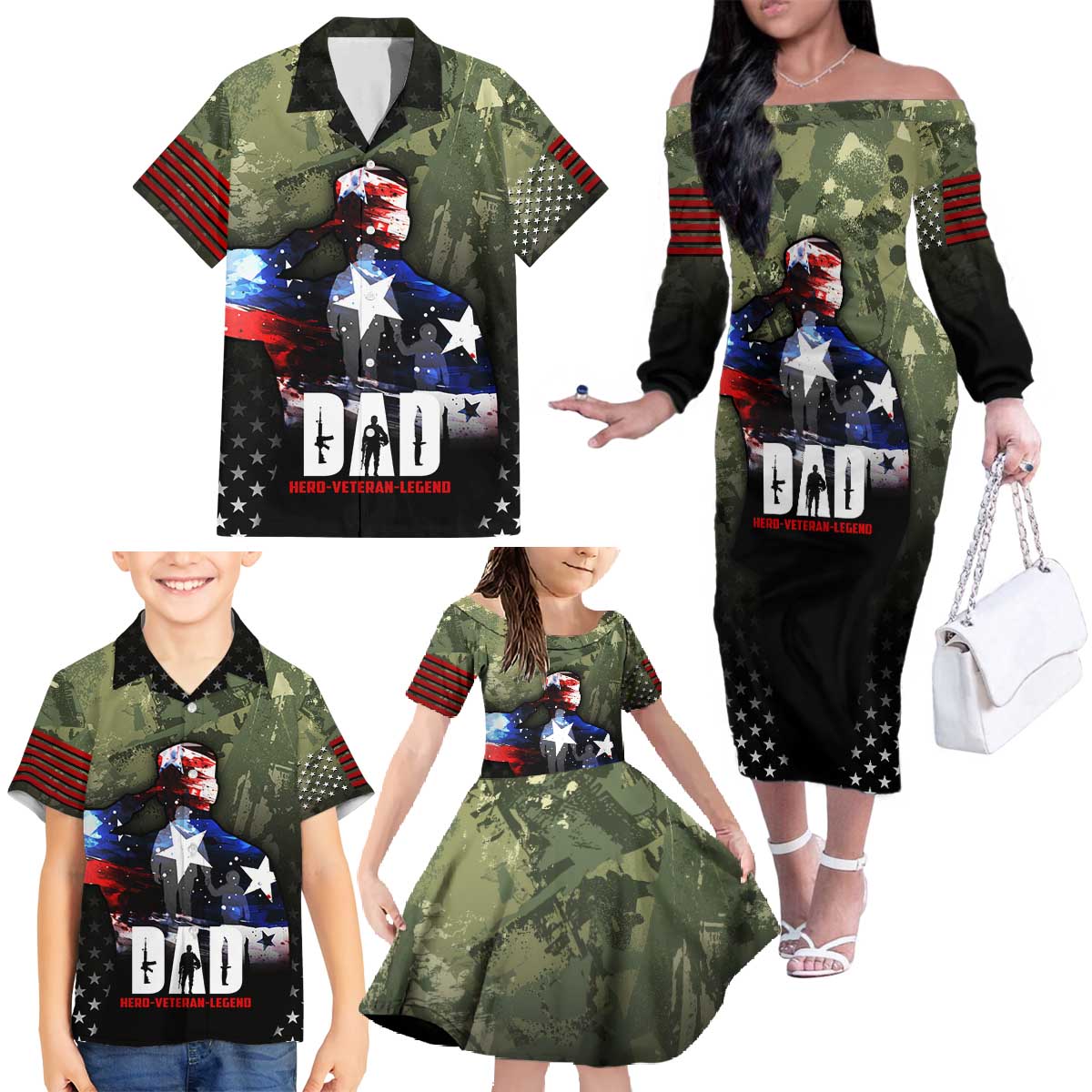 Veteran Dad Family Matching Off The Shoulder Long Sleeve Dress and Hawaiian Shirt I Am a Veteran Like My Father Before Me