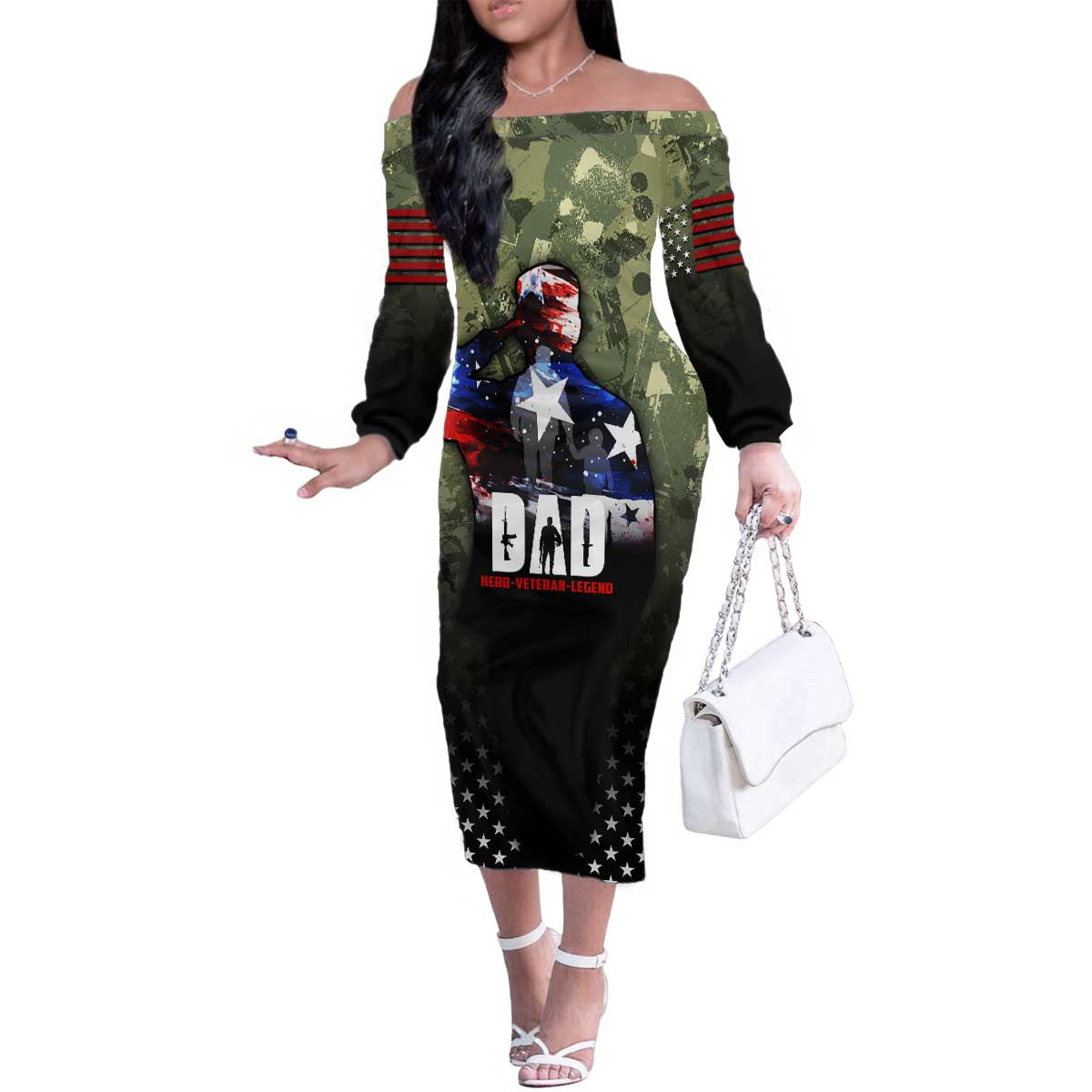 Veteran Dad Family Matching Off The Shoulder Long Sleeve Dress and Hawaiian Shirt I Am a Veteran Like My Father Before Me