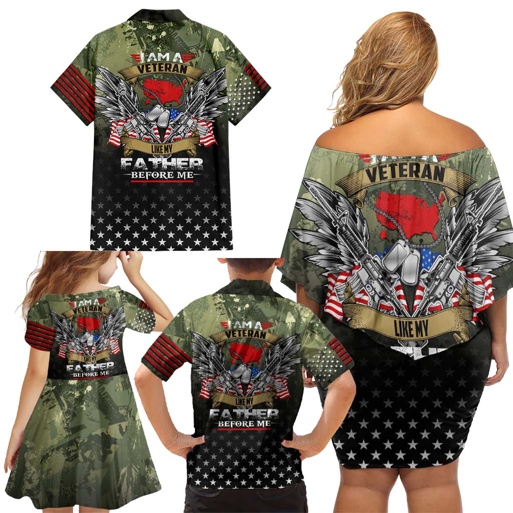 Veteran Dad Family Matching Off Shoulder Short Dress and Hawaiian Shirt I Am a Veteran Like My Father Before Me