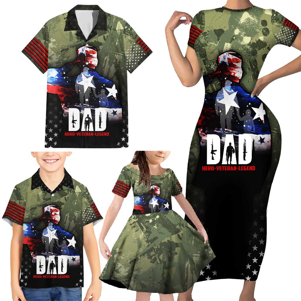 Veteran Dad Family Matching Short Sleeve Bodycon Dress and Hawaiian Shirt I Am a Veteran Like My Father Before Me