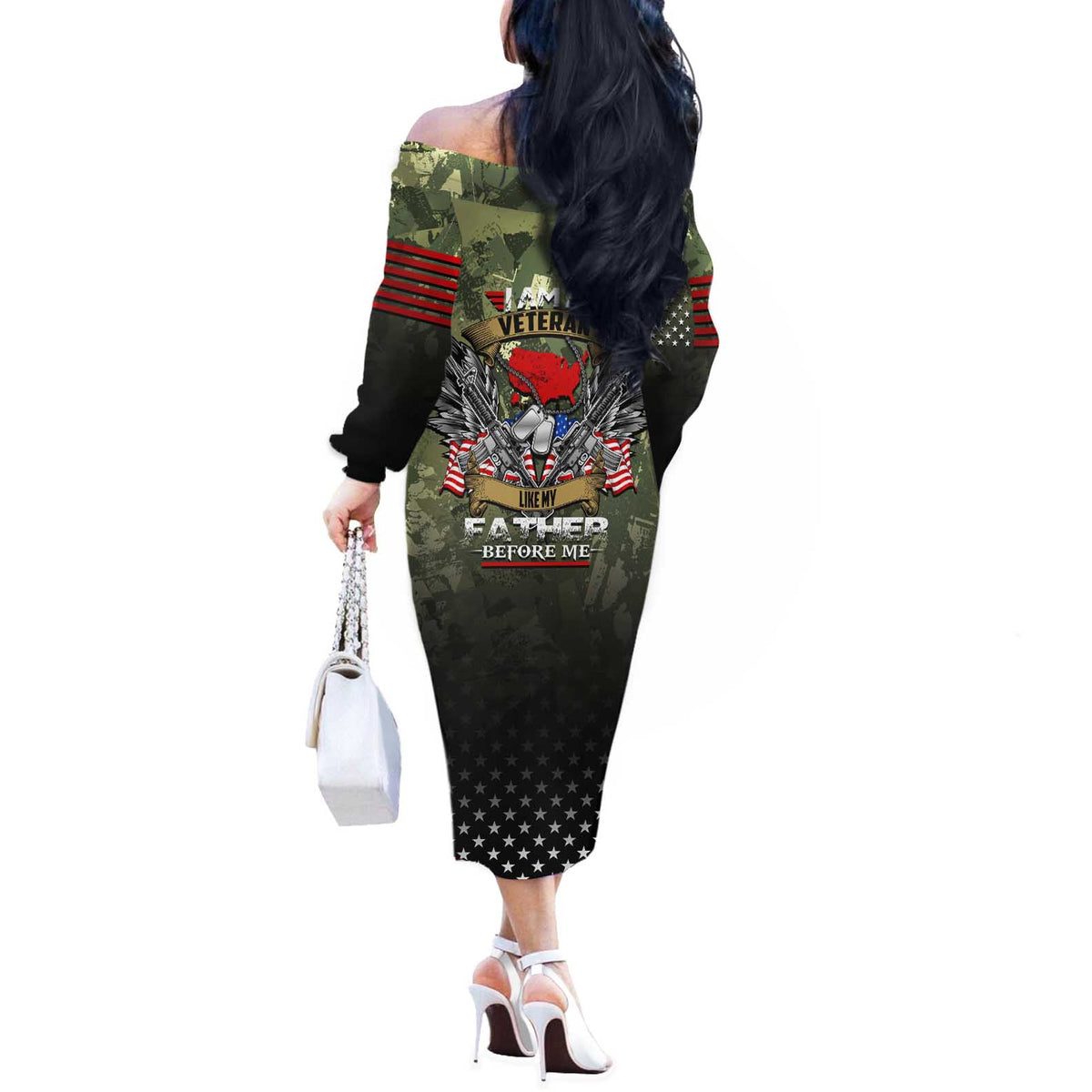 Veteran Dad Off The Shoulder Long Sleeve Dress I Am a Veteran Like My Father Before Me