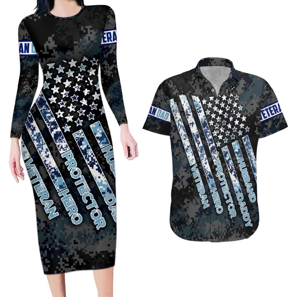 Veteran Hero Protector Husband Daddy Couples Matching Long Sleeve Bodycon Dress and Hawaiian Shirt Veteran Fathers Day